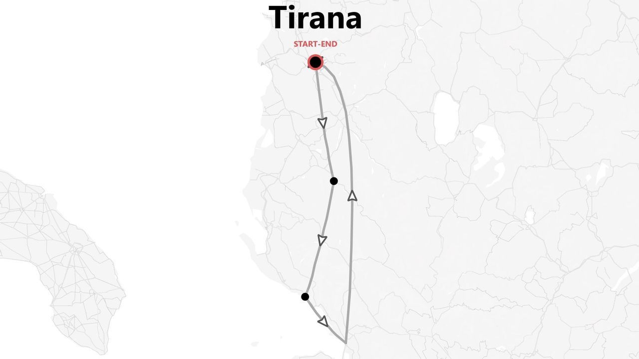 Une carte stylisée de l'Albanie présentant un circuit touristique circulaire qui commence et se termine à Tirana.