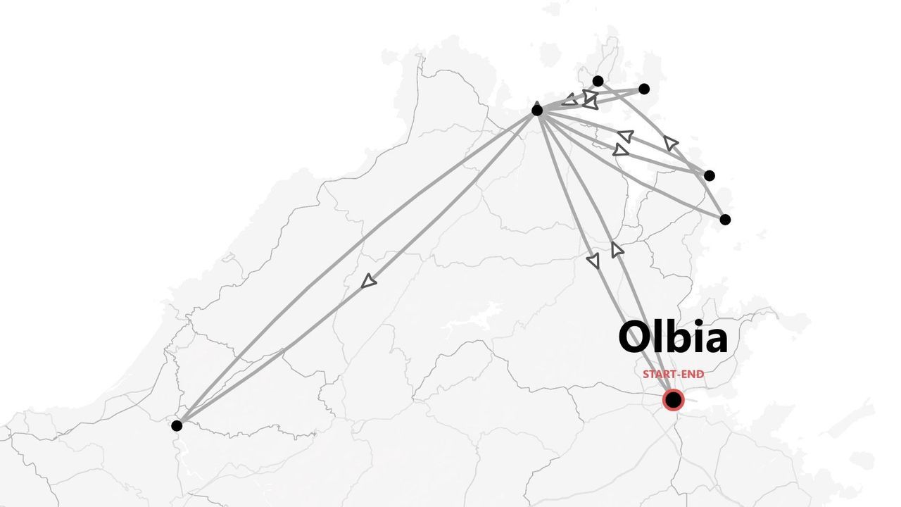 Une carte stylisée d'un itinéraire de voyage montrant plusieurs itinéraires qui commencent et se terminent à Olbia.