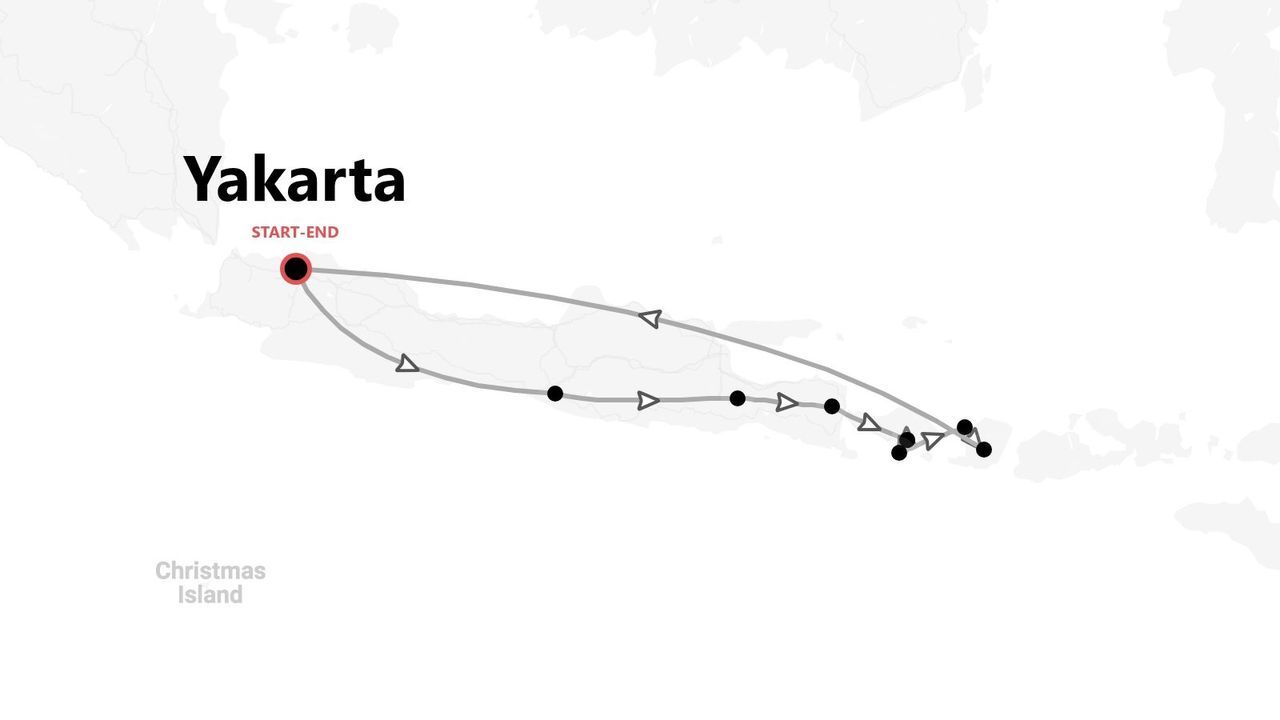 Un mapa que muestra un itinerario de viaje de ida y vuelta con origen y destino en Yakarta, y la ruta extendiéndose hacia el este a través de varias islas.