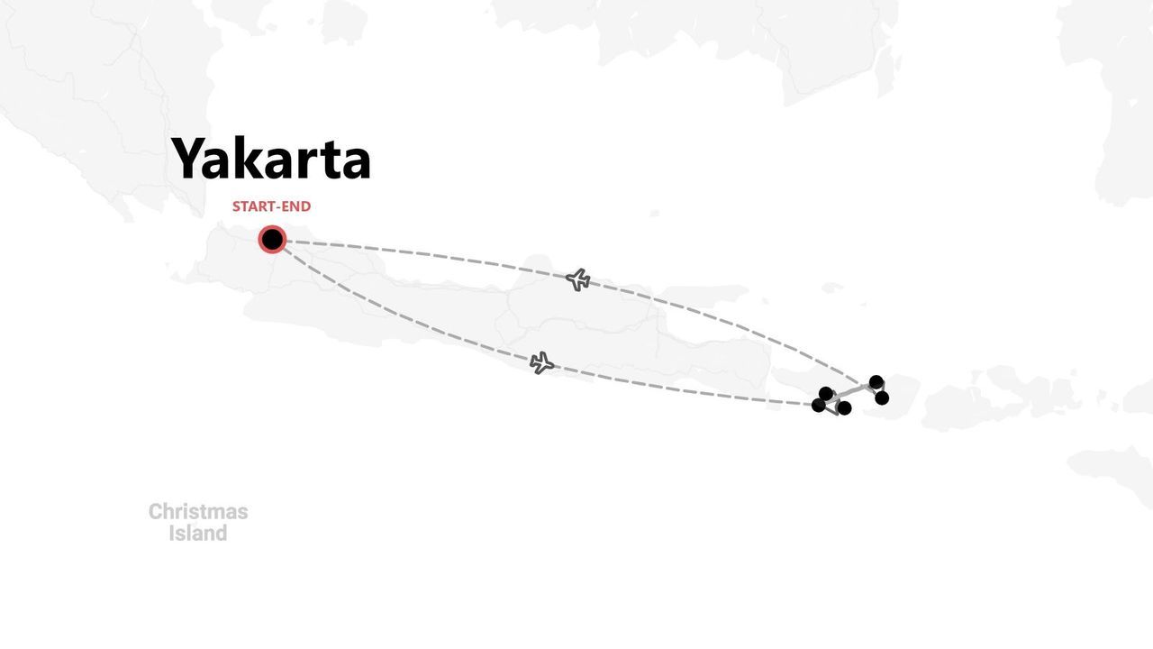 Un mapa minimalista que muestra un itinerario de viaje que comienza y termina en Yakarta, con rutas de vuelo a través del archipiélago indonesio.