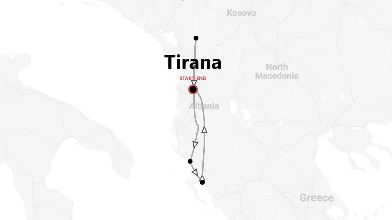 Mapa de un itinerario de viaje de ida y vuelta por Albania, con inicio y fin en la capital, Tirana.