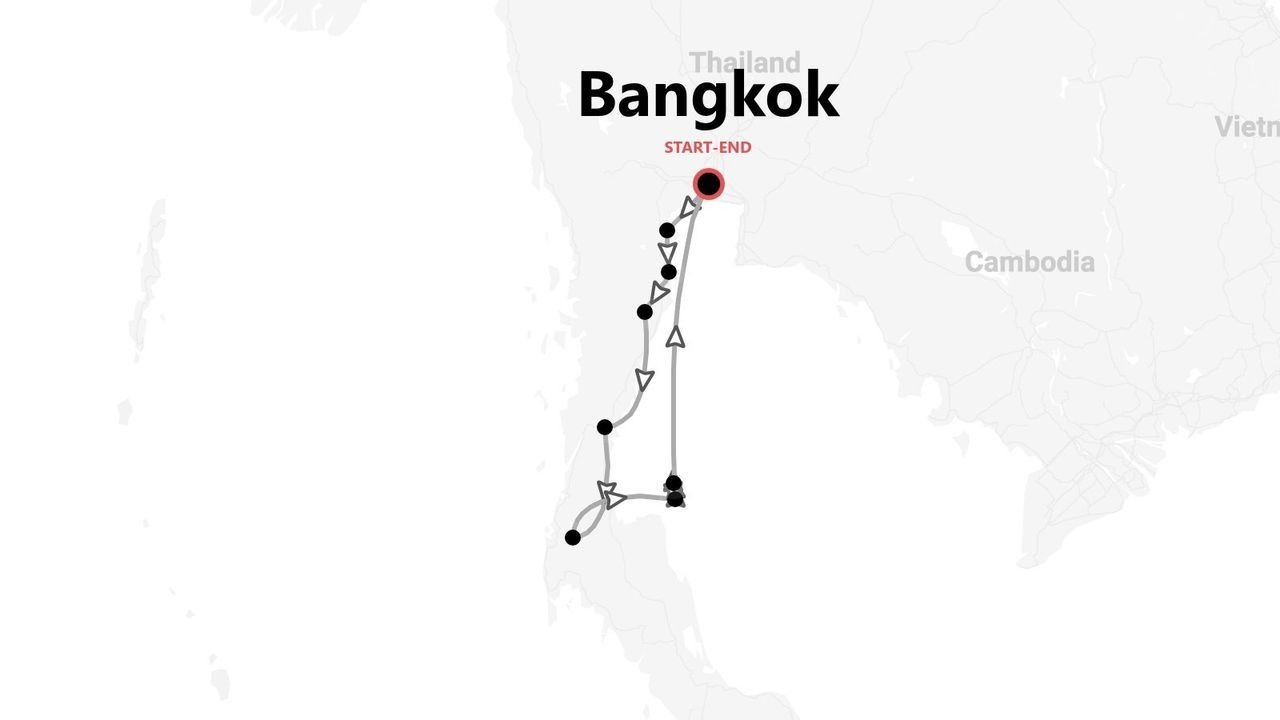Una mappa della Thailandia che mostra un itinerario di viaggio che inizia e finisce a Bangkok, con un percorso a sud lungo la costa e le isole.