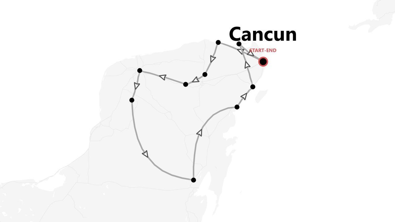 Mappa minimalista di un itinerario di viaggio ad anello con soste, con partenza e arrivo a Cancun.