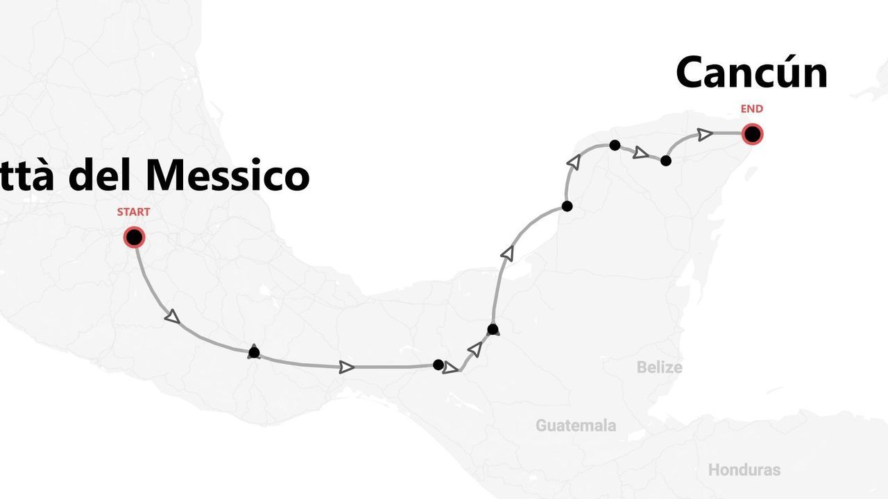 Una mappa che mostra un itinerario di viaggio che parte da Città del Messico e termina a Cancún, attraversando il Messico meridionale.