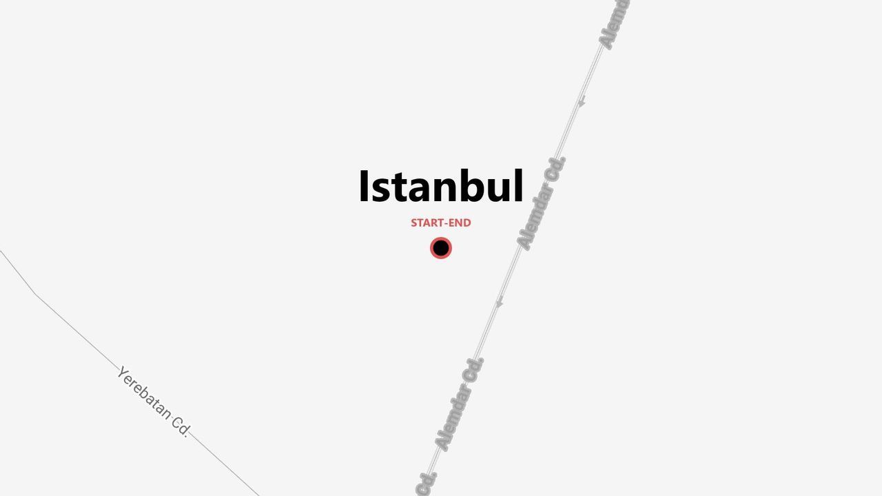 Una mappa stilizzata di Istanbul che mostra il punto di inizio e fine di un viaggio vicino ad Alemdar Cd. e Yerebatan Cd.