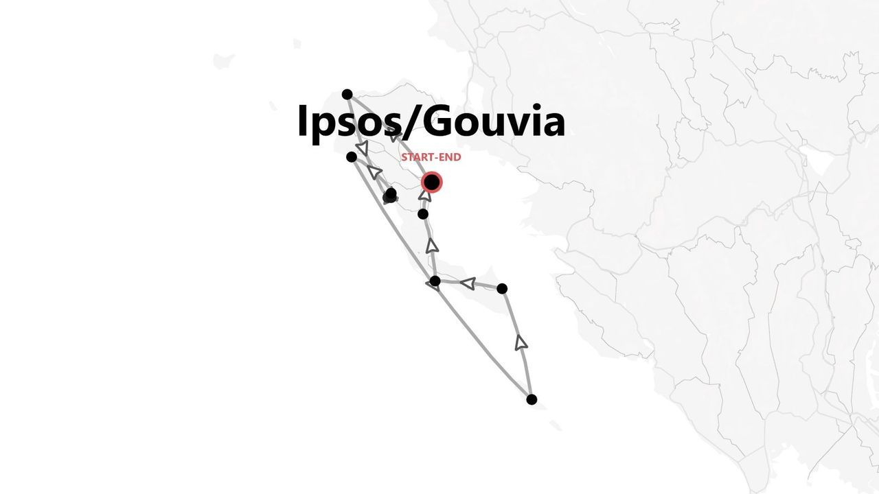 Mappa di un itinerario ad anello per Ipsos e Gouvia, con punto di partenza e arrivo.