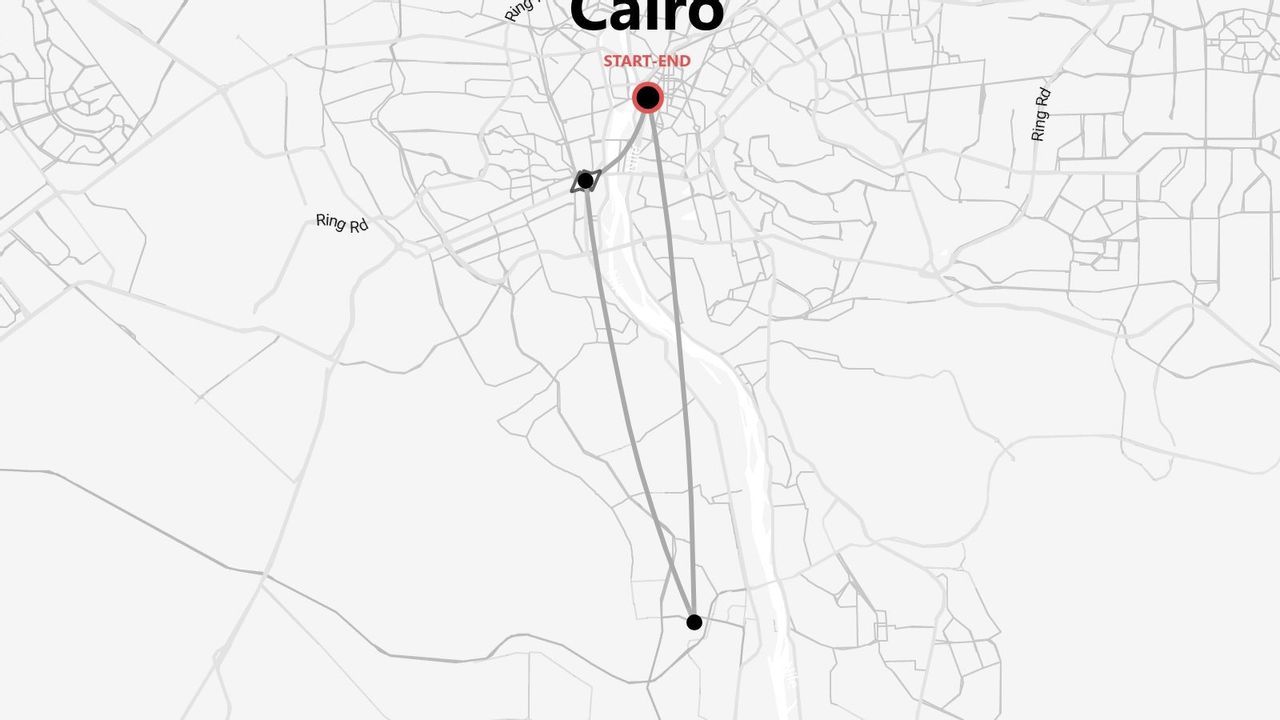 Una mappa stilizzata del Cairo che mostra un percorso di viaggio. L'itinerario inizia e termina in un unico punto della città, contrassegnato da linee e punti.