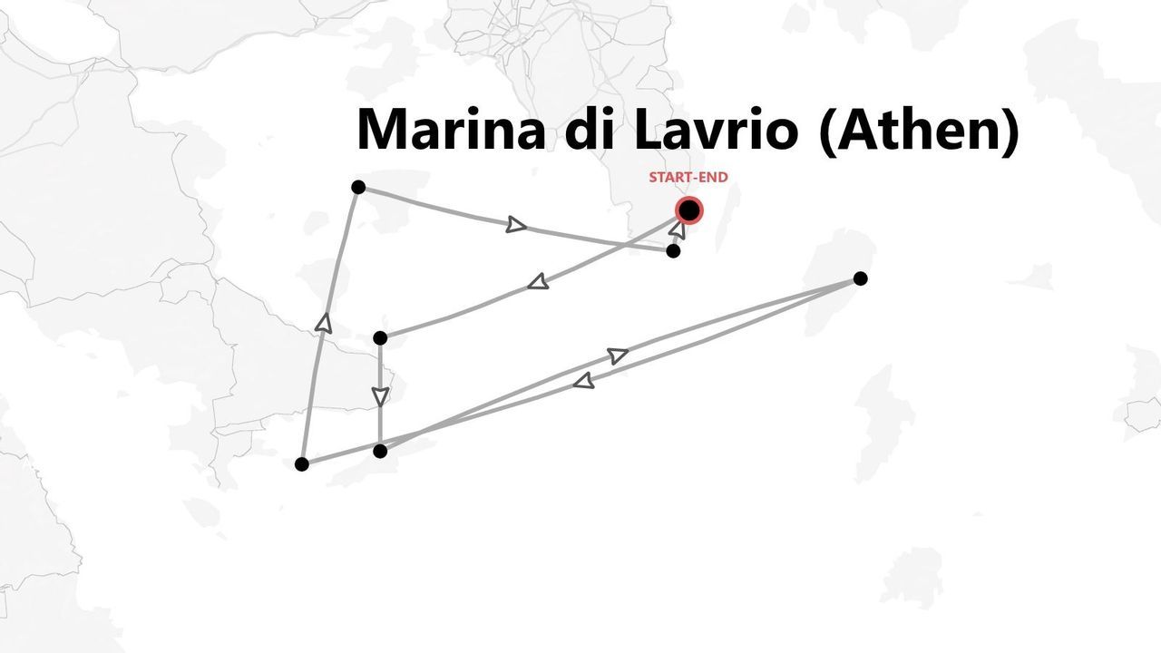 Eine Karte mit einer Reiseroute, die in Marina di Lavrio, Athen, beginnt und endet.