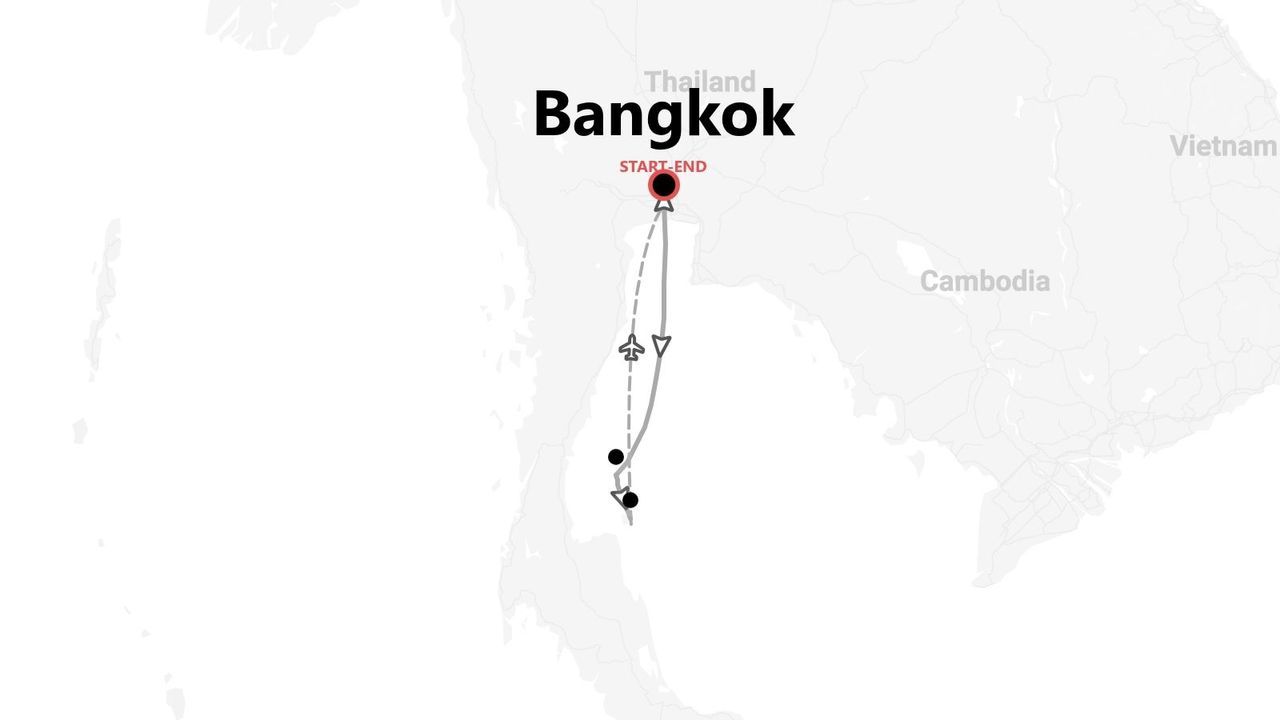 Carte d'un itinéraire de voyage en Thaïlande, présentant un circuit qui débute et se termine à Bangkok et se dirige vers le sud.