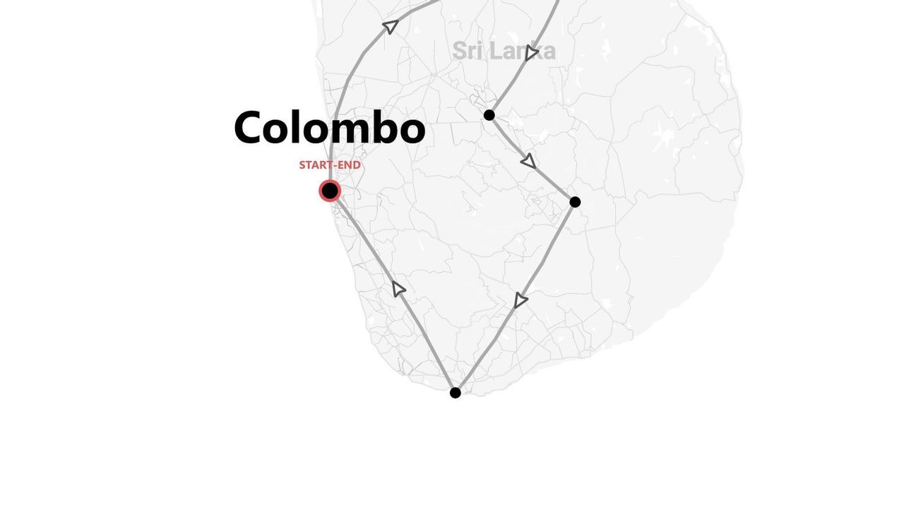 Una mappa dello Sri Lanka che mostra un itinerario turistico. Il percorso inizia e finisce a Colombo, contrassegnata da un punto rosso.