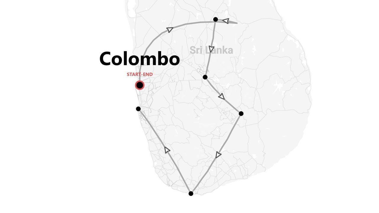 Mapa de un itinerario turístico por Sri Lanka, con ruta de inicio y fin en Colombo.