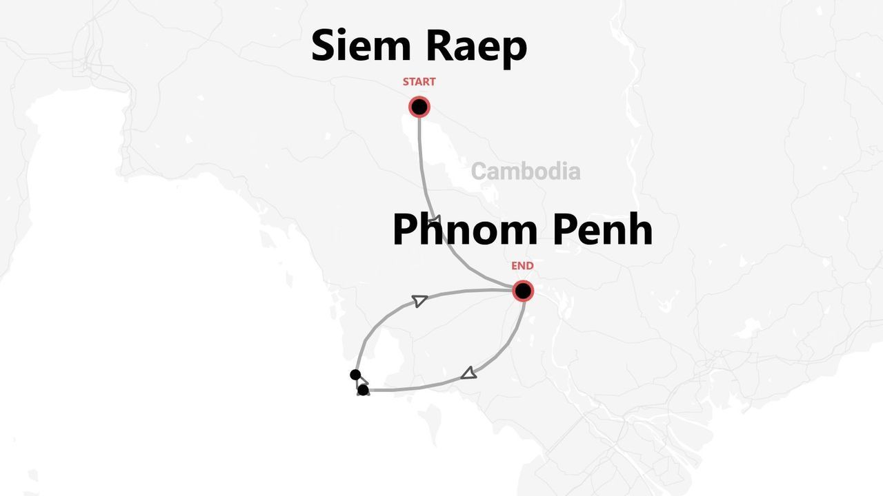 Mappa della Cambogia con un itinerario di viaggio che inizia a Siem Reap, prosegue verso sud e termina a Phnom Penh.