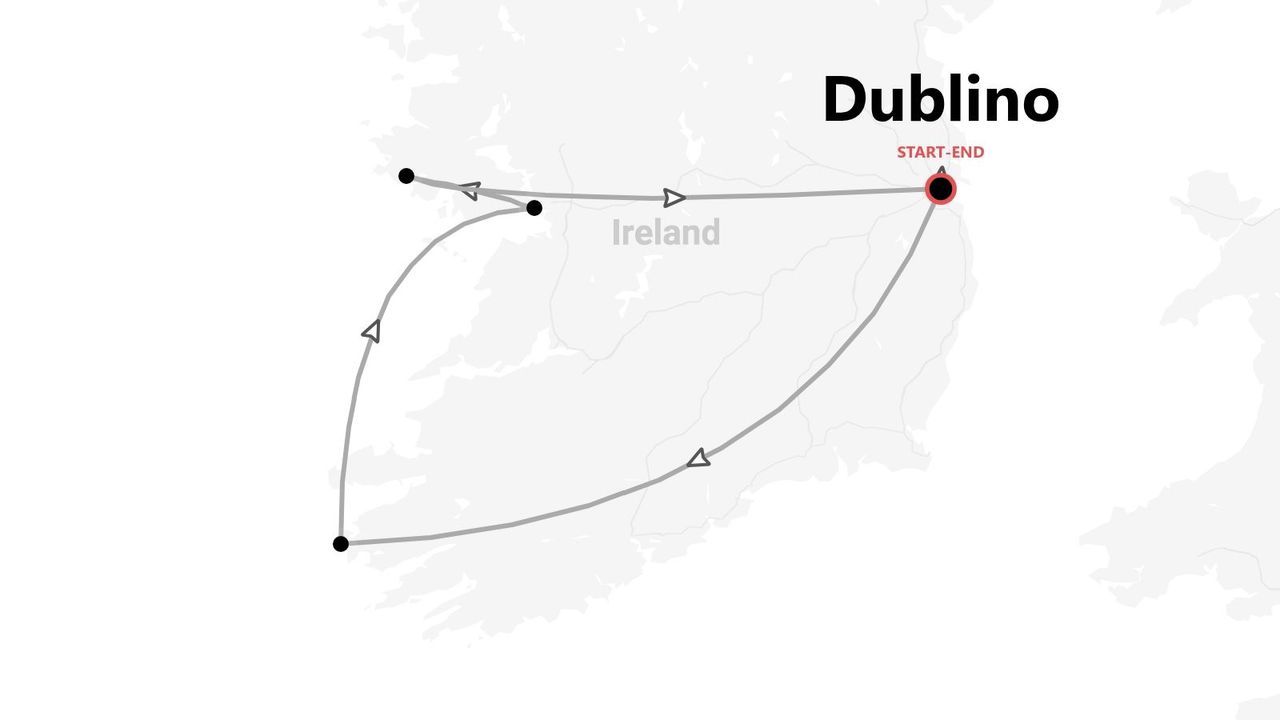 Mappa minimalista dell'Irlanda che mostra un itinerario di viaggio circolare con partenza e arrivo a Dublino.