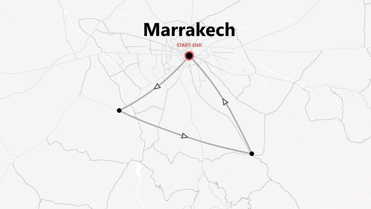 Itinerario de viaje triangular con inicio y fin en Marrakech.