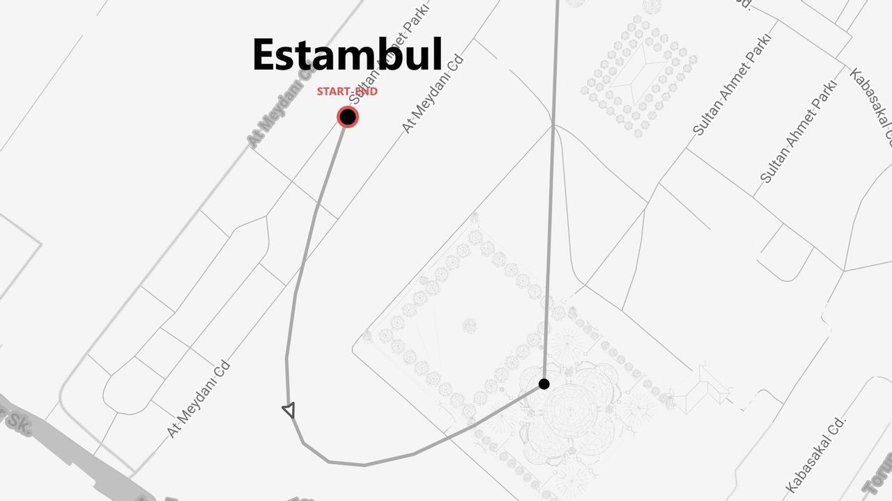 Mapa callejero simplificado de Estambul con una ruta que empieza y termina en At Meydanı Caddesi, pasando cerca del Parque Sultan Ahmet.