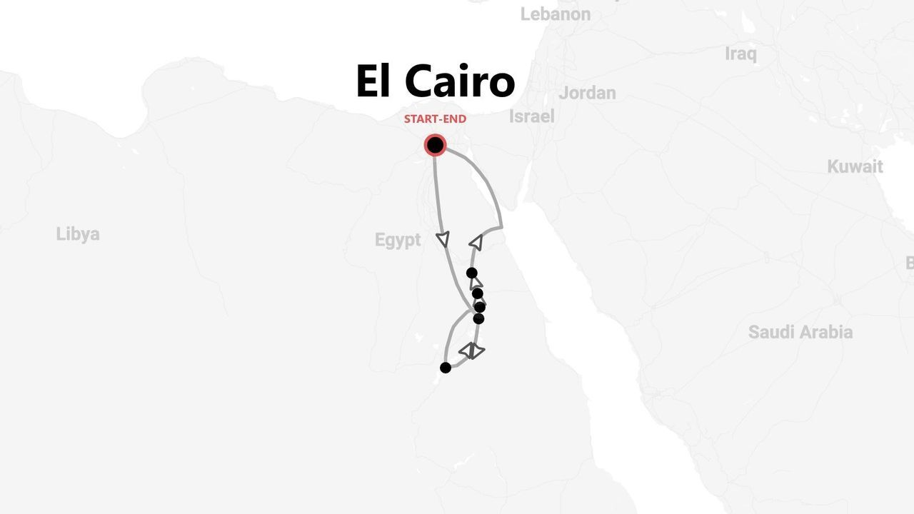 Mapa de un itinerario de tour por Egipto, con inicio y fin en El Cairo y un circuito hacia el sur.