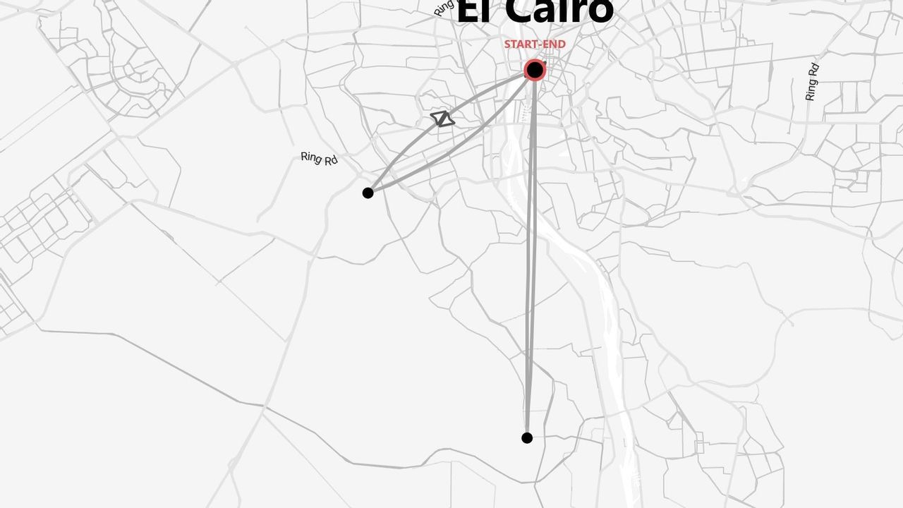 Un mapa estilizado de El Cairo que muestra un itinerario de viaje con un punto de inicio y fin, y varias rutas marcadas.