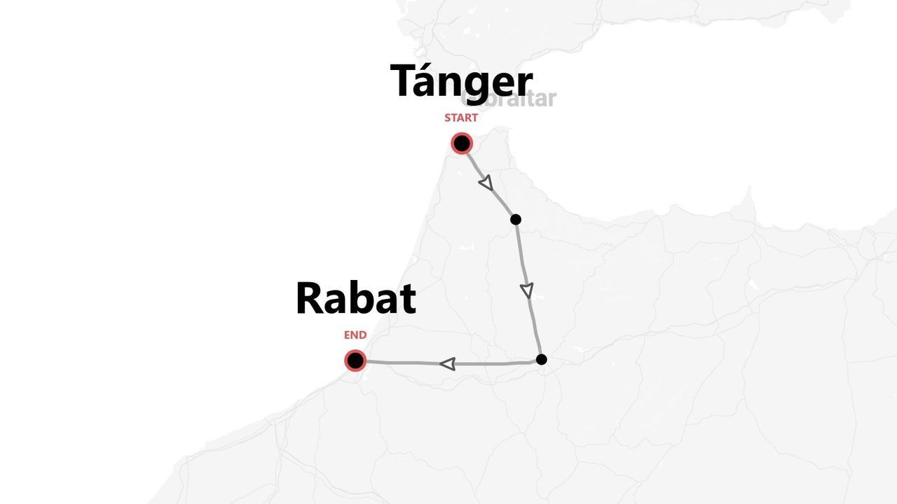 Un mapa minimalista que muestra una ruta de viaje que comienza en Tánger y termina en Rabat, con varias paradas indicadas a lo largo del camino.