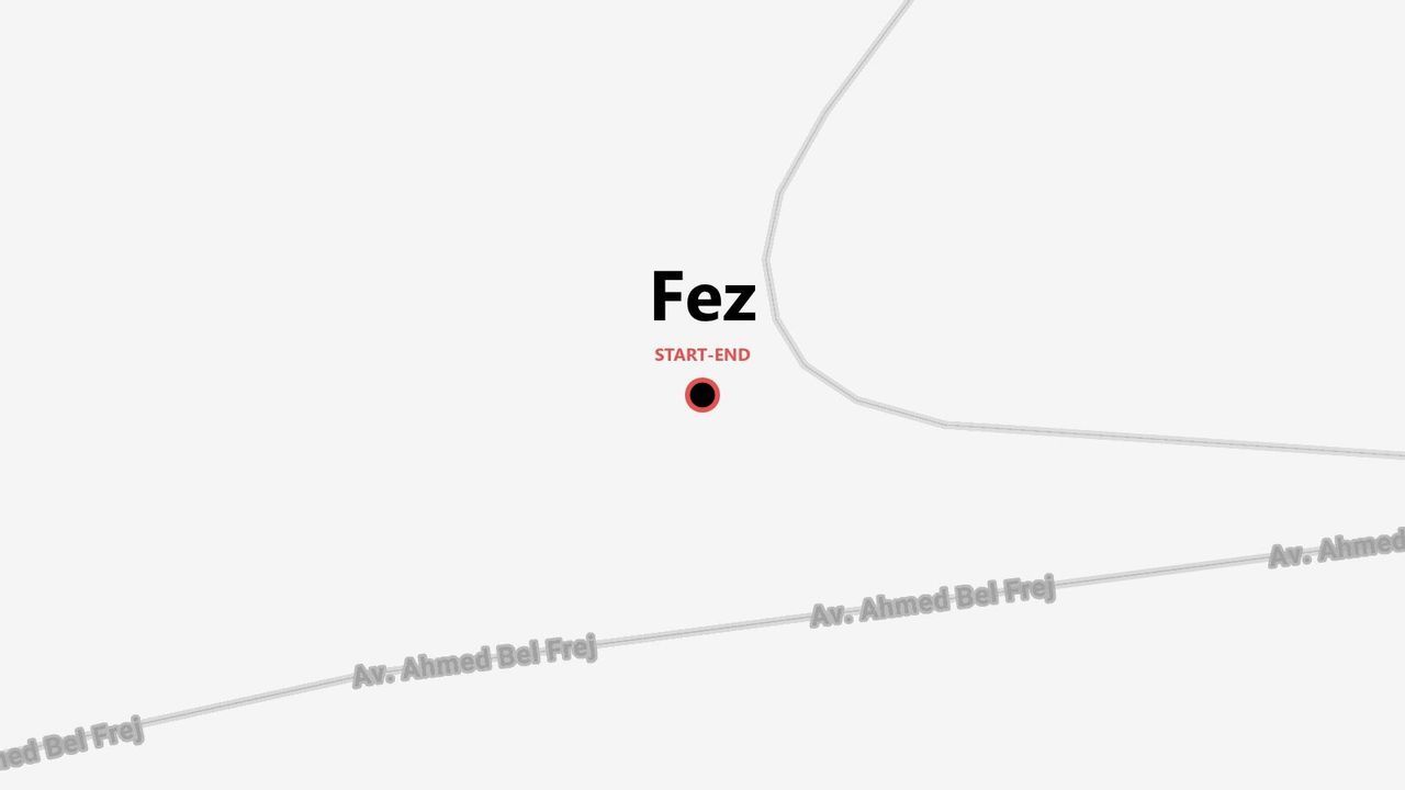 Un mapa minimalista que muestra el punto de inicio y fin de un itinerario en Fez, con la calle Av. Ahmed Bel Frej marcada.