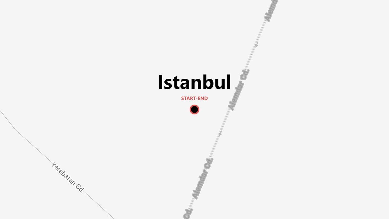 Mapa simplificado de Estambul con un punto de inicio y fin marcado cerca de Alemdar Cd. y Yerebatan Cd.