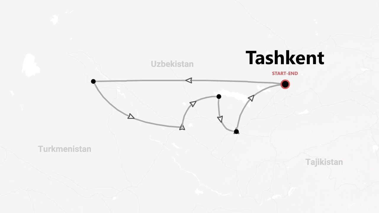 Un mapa de un itinerario de viaje en Uzbekistán, mostrando una ruta circular que comienza y termina en la ciudad de Taskent.