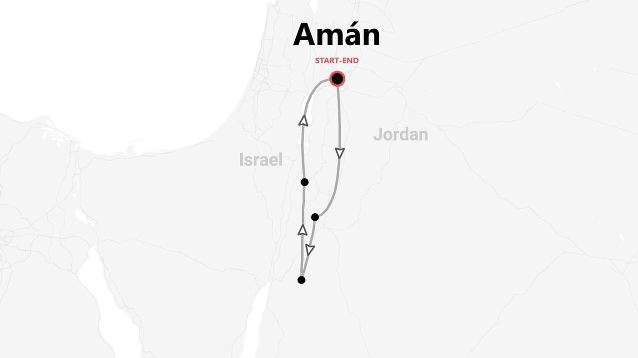Mapa de un itinerario turístico por Jordania, con inicio y fin en Amán y paradas indicadas a lo largo de la ruta circular.