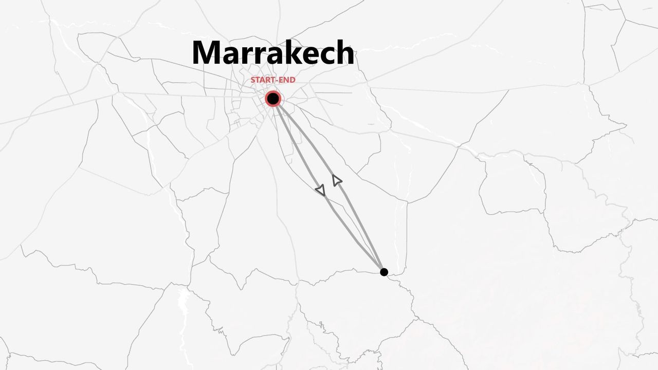 Mapa estilizado de un itinerario de viaje de ida y vuelta con origen y destino en Marrakech.