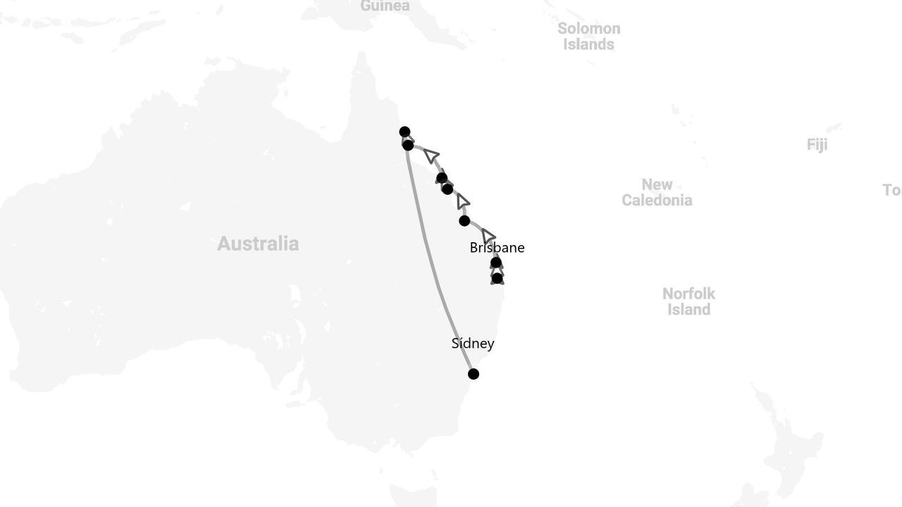 Un mapa que muestra una ruta de viaje a lo largo de la costa este de Australia, comenzando en Sídney y dirigiéndose al norte, pasando Brisbane.