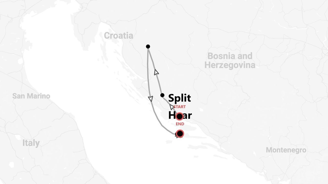 Mapa de itinerario de viaje por la costa de Croacia, de Split a Hvar.