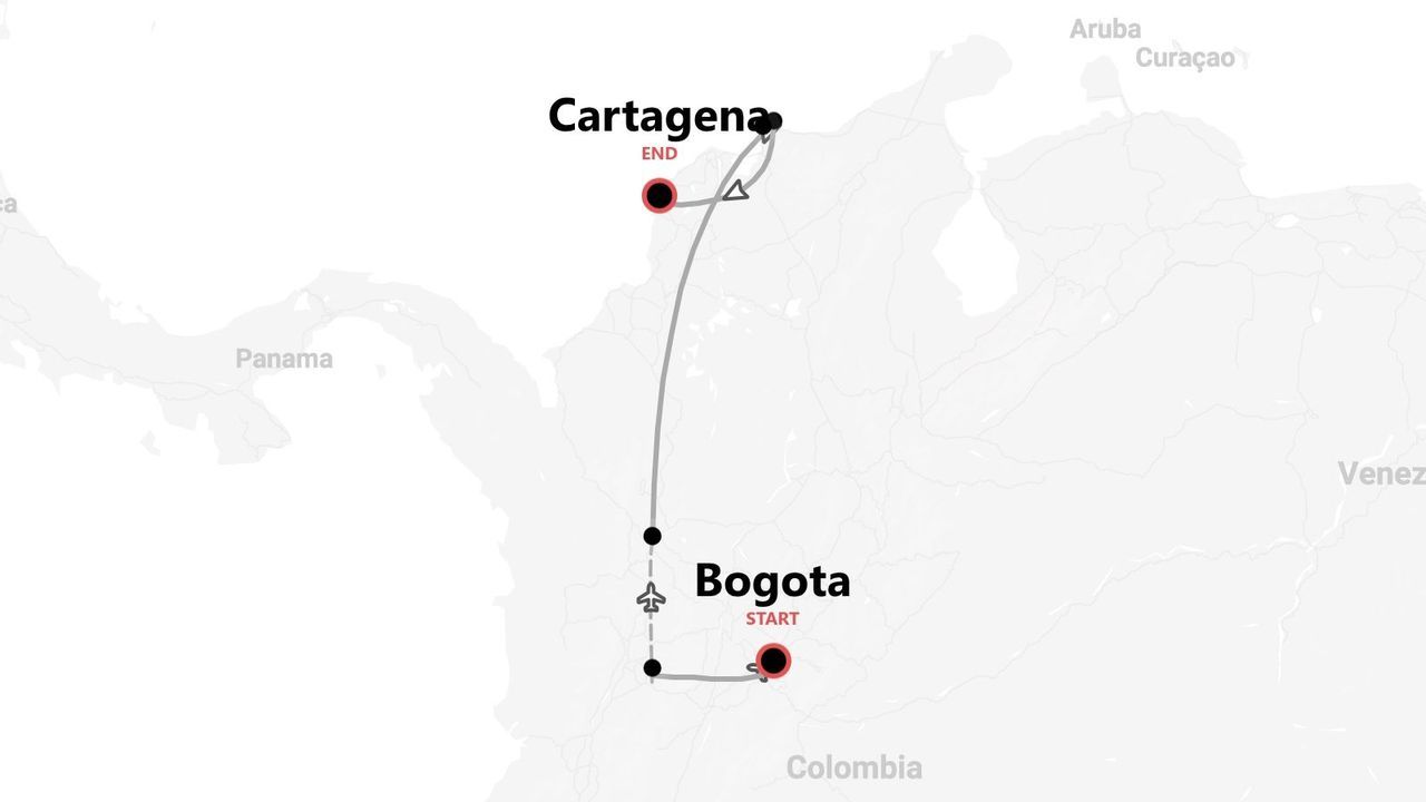 A map of Colombia showing a travel itinerary that starts in Bogota and ends in Cartagena.
