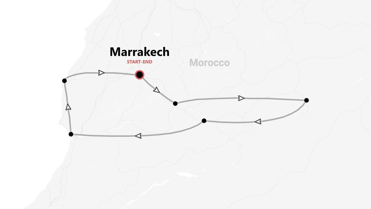 Mappa di un itinerario di viaggio in Marocco, che mostra un percorso a forma di otto che inizia e finisce a Marrakech.