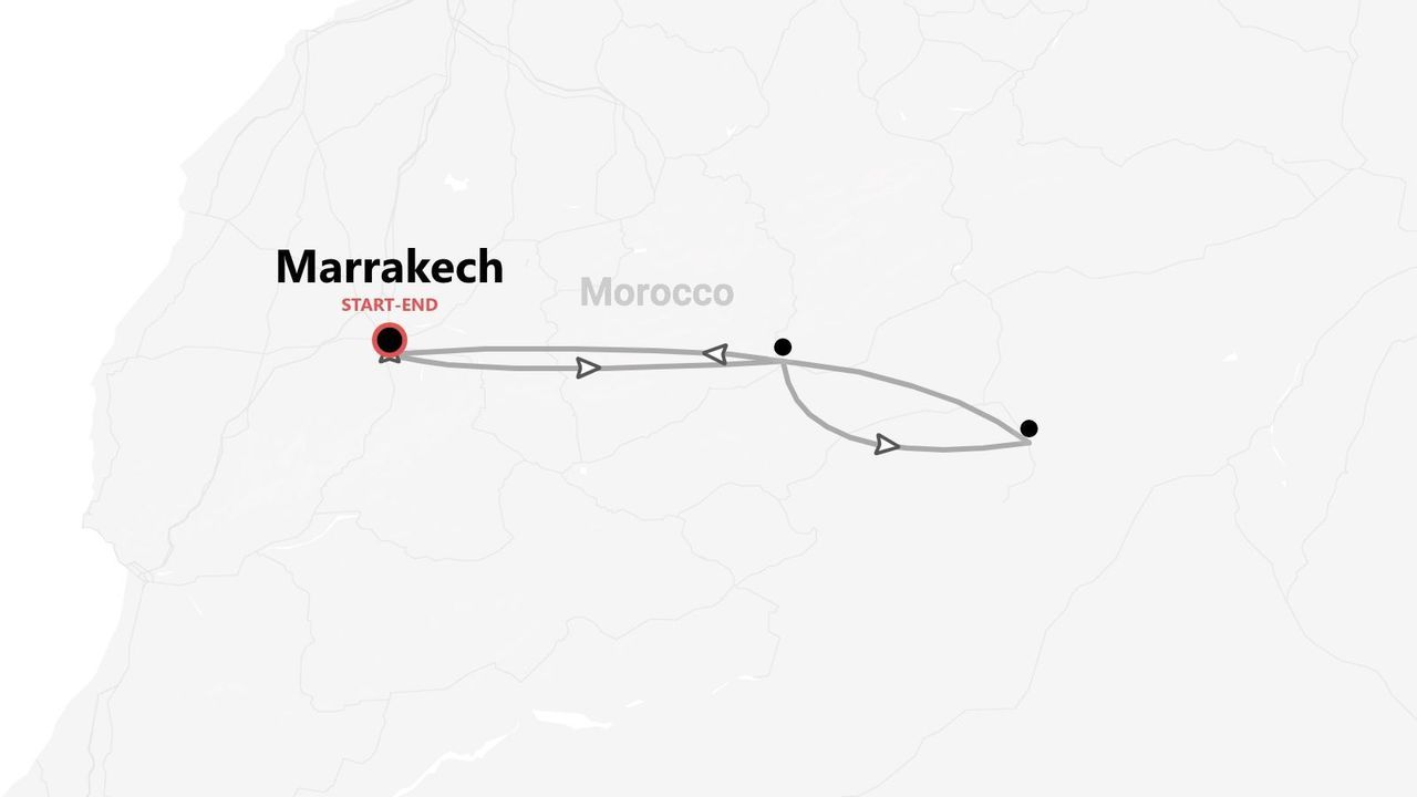 Mappa di un itinerario turistico in Marocco, con partenza e arrivo a Marrakech.
