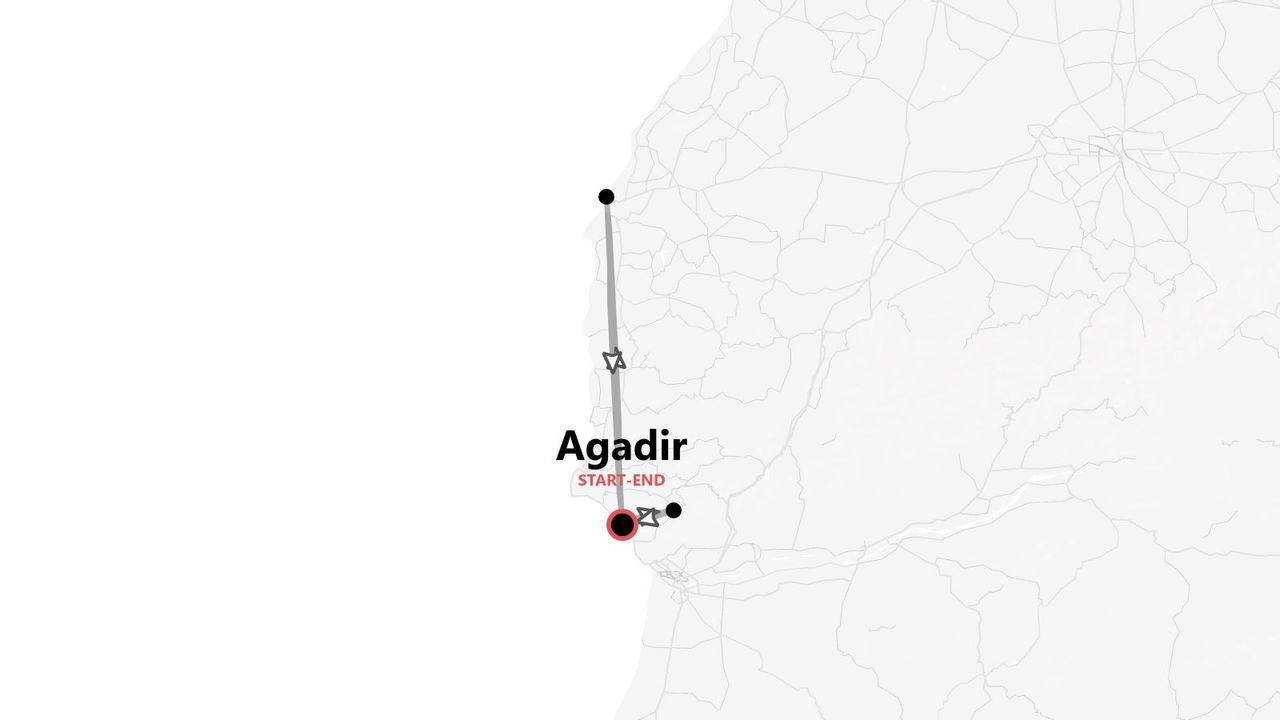 Una mappa minimalista che mostra un itinerario di viaggio che inizia e finisce ad Agadir.