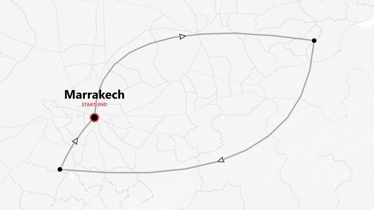 Mappa di un tour circolare con partenza e arrivo a Marrakech e frecce direzionali.
