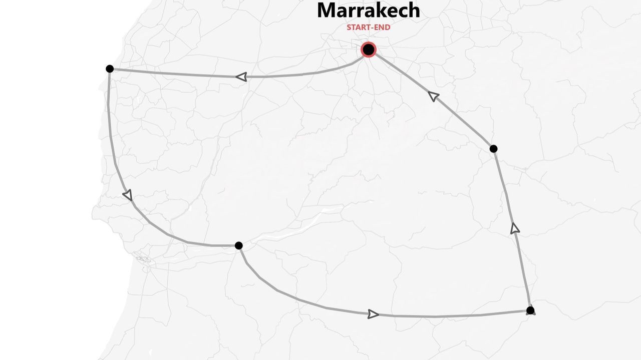 Mappa di un itinerario di viaggio circolare che inizia e finisce a Marrakech.