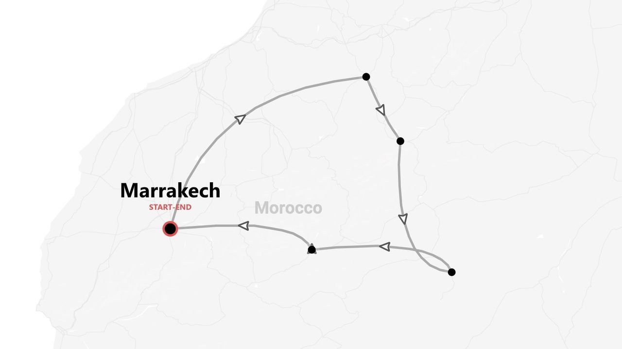 Mappa di un tour in Marocco con partenza e arrivo a Marrakech.