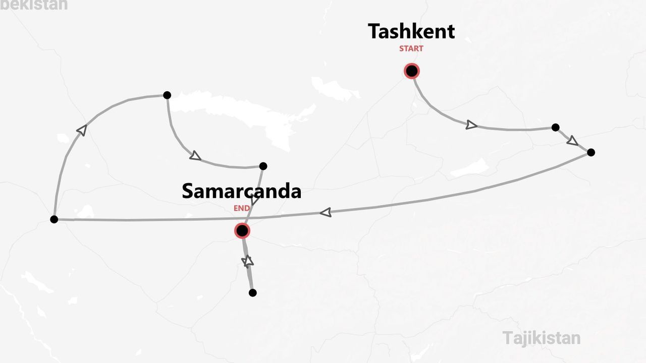 Mappa di un itinerario di viaggio in Uzbekistan, da Tashkent a Samarcanda, con varie tappe.