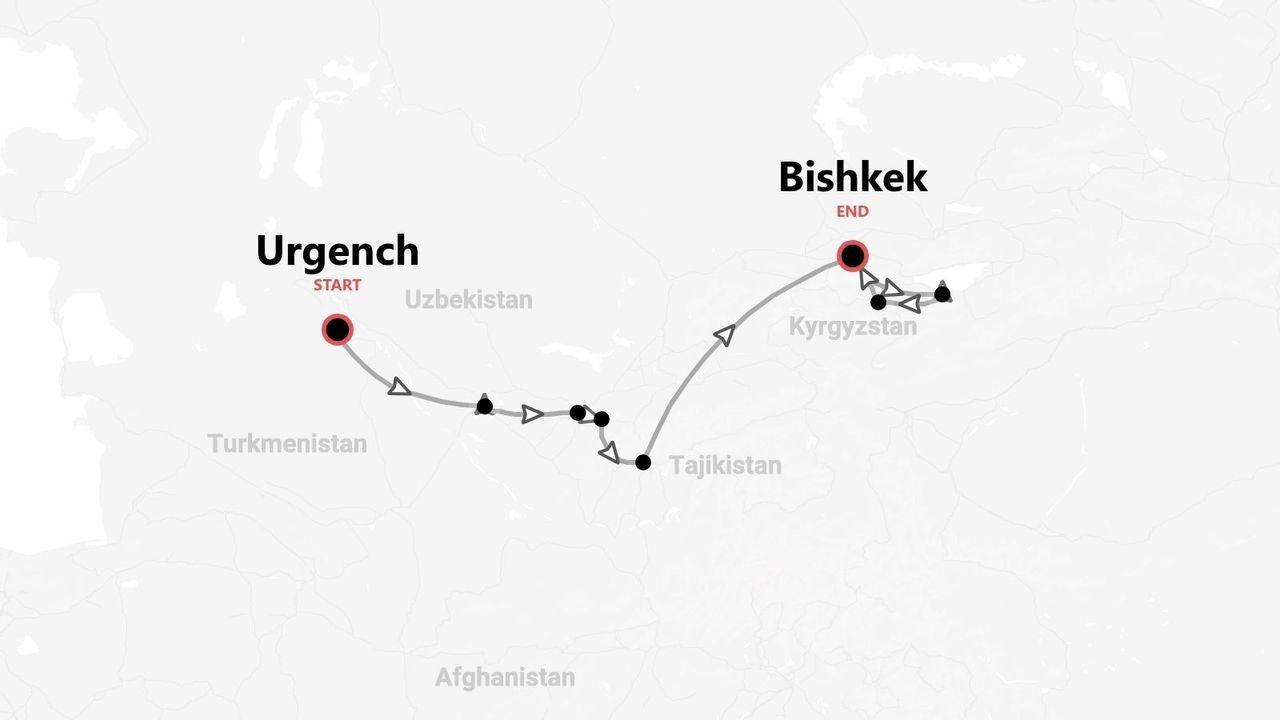 Mappa di un itinerario di viaggio da Urgench, Uzbekistan, a Bishkek, Kirghizistan, attraverso il Tagikistan.