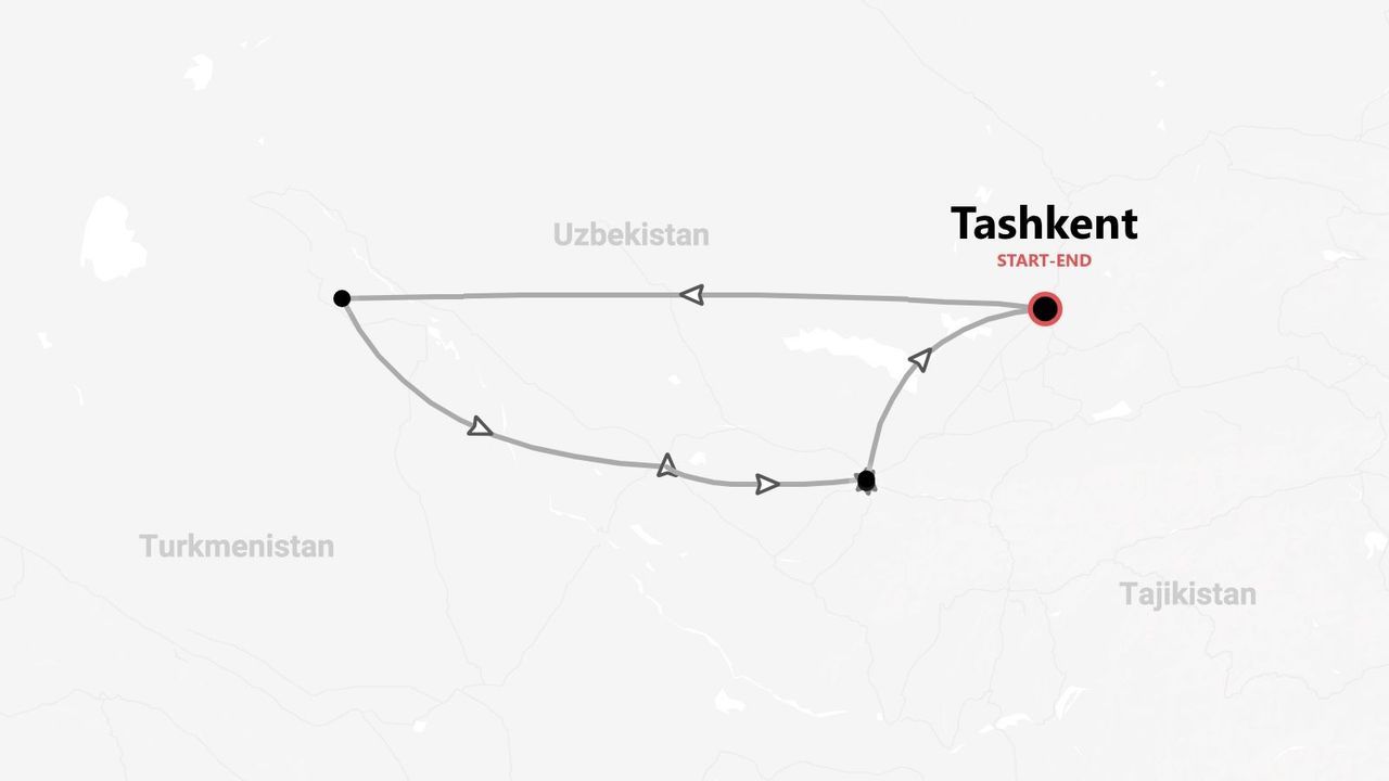 Mappa dell'itinerario di un tour in Uzbekistan, con partenza e arrivo a Tashkent.