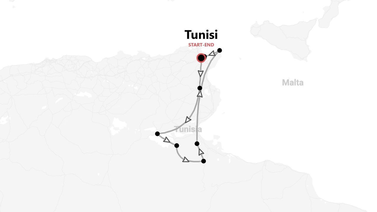 Una mappa stilizzata di un itinerario di viaggio attraverso la Tunisia, con partenza e arrivo a Tunisi, con Malta visibile a nord-est.
