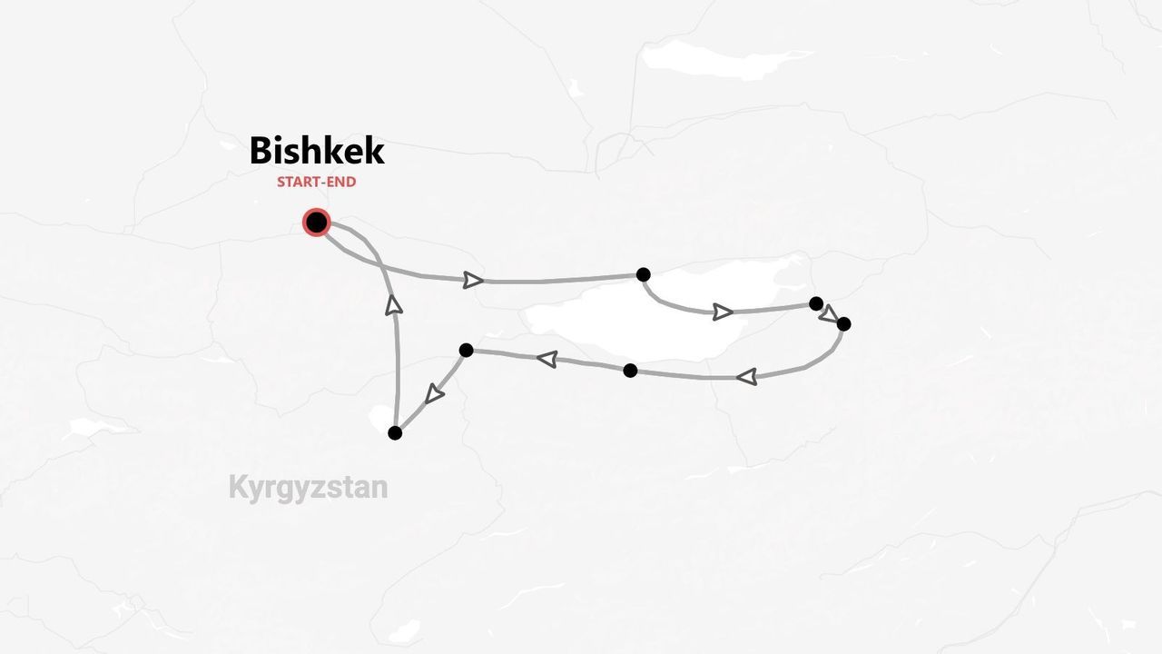 Una mappa che illustra un itinerario di viaggio in Kirghizistan, con partenza e arrivo a Bishkek.