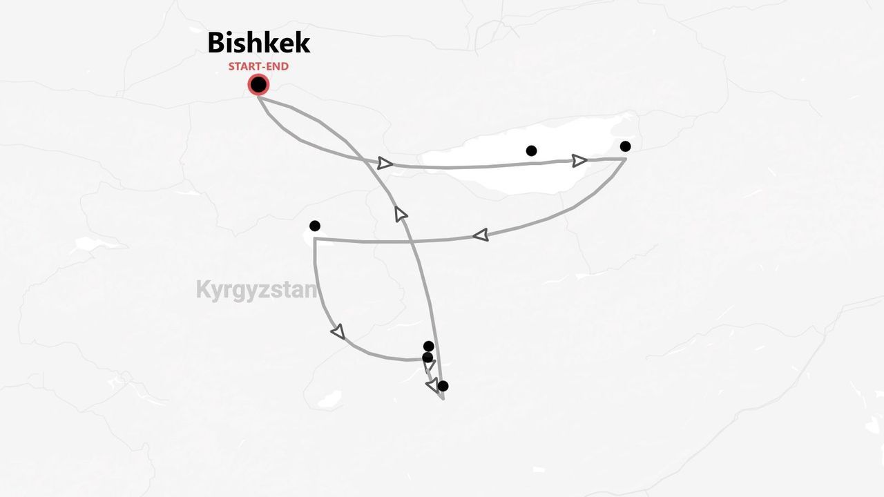 Mappa di un itinerario di viaggio in Kirghizistan, con partenza e arrivo a Bishkek.