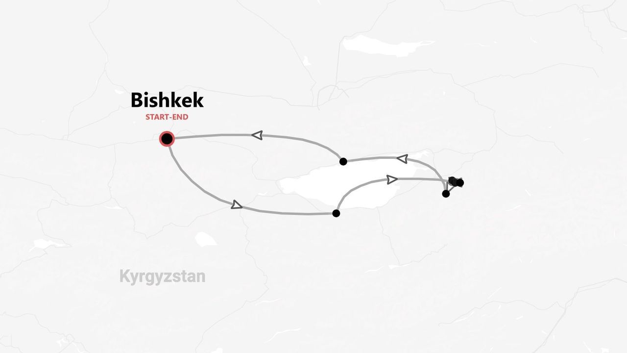 Una mappa minimalista che mostra un itinerario di viaggio attraverso il Kirghizistan, con il percorso che inizia e finisce a Bishkek.