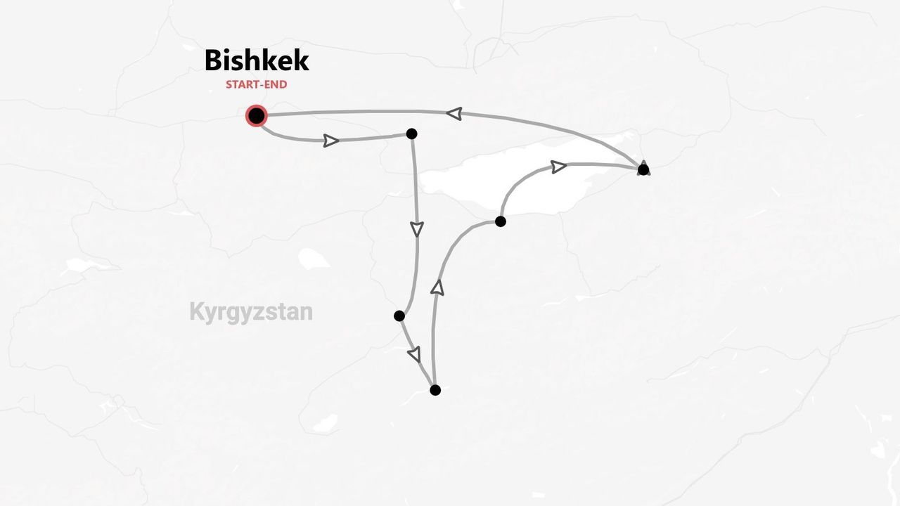 Una mappa che illustra un itinerario turistico attraverso il Kirghizistan, con inizio e fine nella città di Bishkek.
