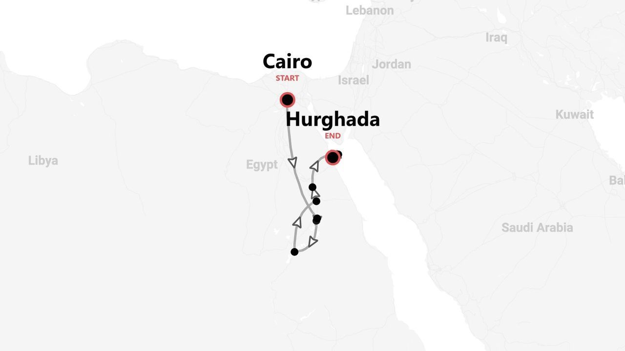 Mappa dell'Egitto con itinerario turistico dal Cairo a Hurghada.