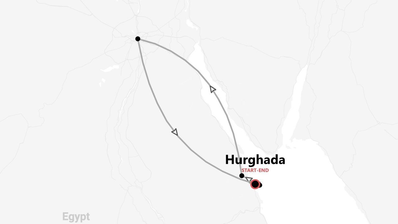 Mappa minimalista di un itinerario di viaggio in Egitto. Il percorso ad anello parte e arriva a Hurghada.