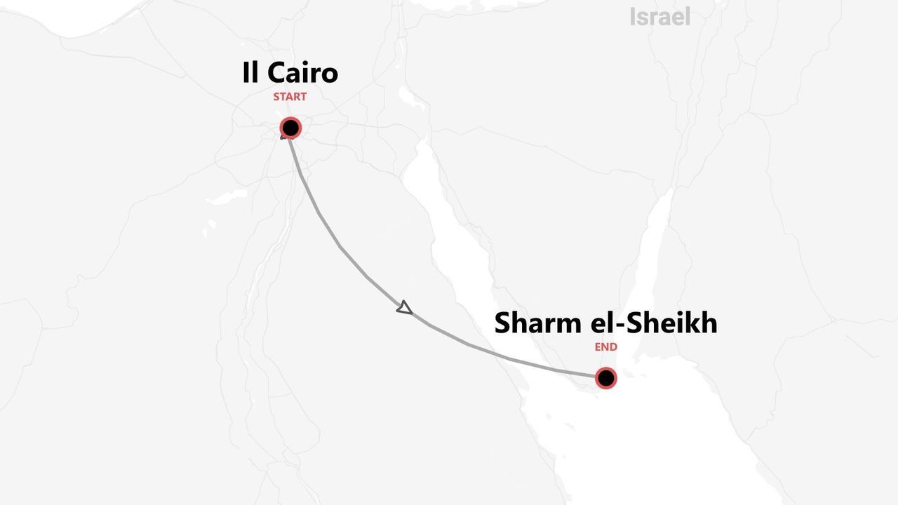 Una mappa che mostra il percorso di viaggio dal Cairo, contrassegnato come 'inizio', a Sharm el-Sheikh, contrassegnato come 'fine', in Egitto.