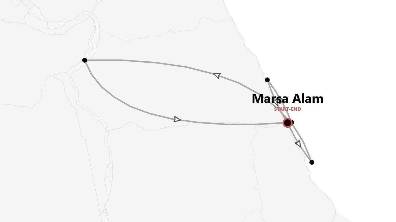 Mappa minimalista di un itinerario di viaggio con partenza e arrivo a Marsa Alam, il percorso illustrato da linee e tappe.
