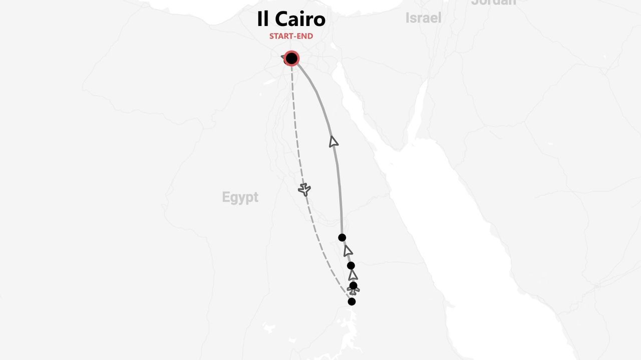 Una mappa di un itinerario di viaggio in Egitto, con partenza e arrivo al Cairo, e icone che indicano gli spostamenti in barca e in aereo.