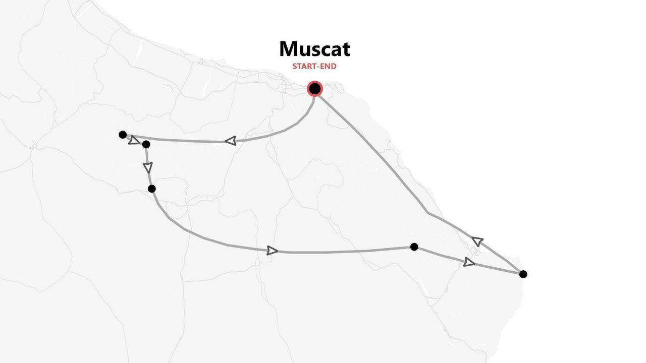 Una mappa che illustra un itinerario di viaggio con partenza e arrivo a Mascate, mostrando il percorso con tappe intermedie.